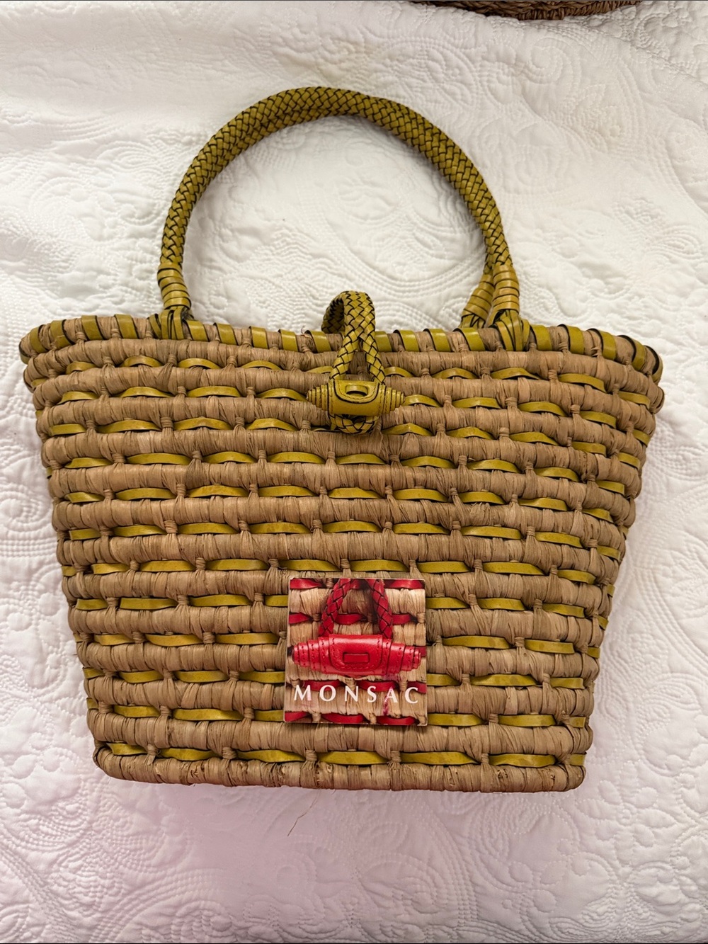 Monsac Woven Tote with GreenTrim and Handles - Picture 2 of 5